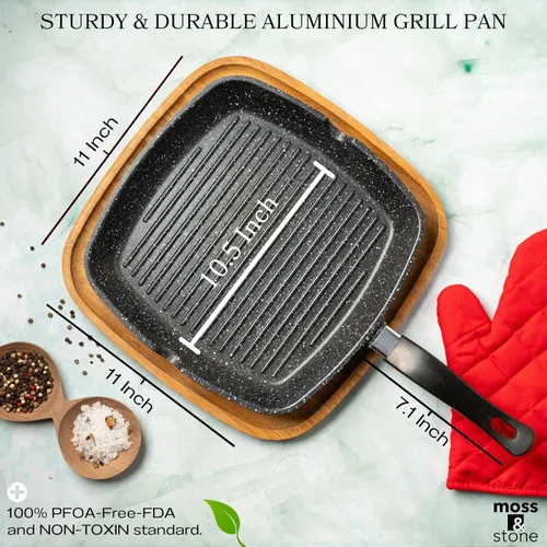 Miniatura 3 de Moss & Stone Sartén Parrilla Antiadherente de Aluminio para Estufas, Sartén Parrilla Versátil con Picos Vertedores, Sartén Parrilla Cuadrada de 11