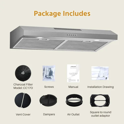 Miniatura 9 de FIREGAS Campana extractora para debajo del gabinete de 30 pulgadas con motor DC sin escobillas, luz LED, ventilador de escape de 3 velocidades
