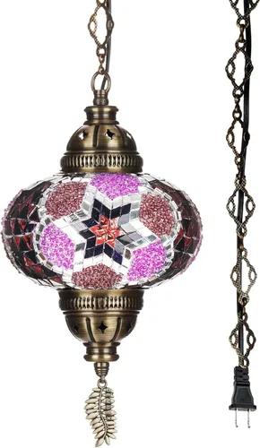 Miniatura 11 de DEMMEX Lámpara Colgante de Techo Enchufable de Mosaico Turco Marroquí – Luminaria Tipo Swag con Cable de 15 pies y Cadena, Vidrio Artesanal