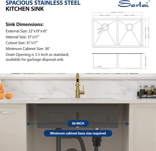 Miniatura 7 de Sarlai Fregadero de Cocina Dorado Bajo Encimera de 33 Pulgadas Doble Tazón 33 x 19 Pulgadas Bajo Dividido Dorado Estación de Trabajo Fregadero Doble