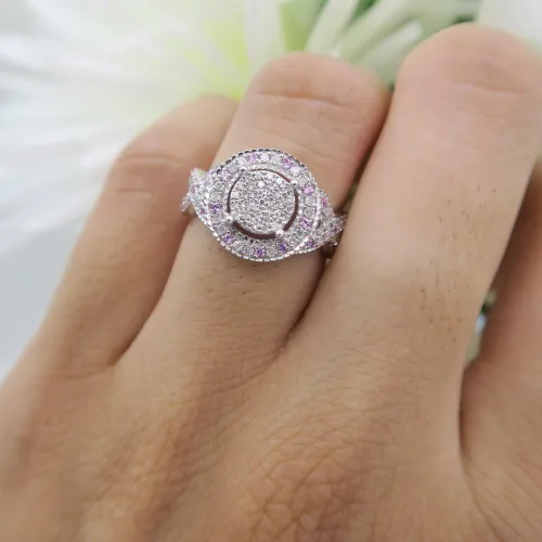 Miniatura 4 de Dazzlingrock Collection - Anillo de compromiso para mujer, diseño de zafiro rosa y diamantes blancos, plata de ley
