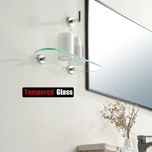Miniatura 6 de JQK Estante de vidrio para baño cromado, almacenamiento de ducha de vidrio templado 16 por 5 pulgadas, montaje en pared cromado pulido de acero