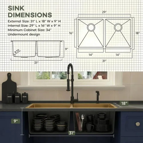 Miniatura 7 de LQS Fregadero de cocina dorado de 31 pulgadas, fregadero de cocina doble dorado, fregadero de acero inoxidable de montaje inferior calibre 16