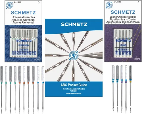 SCHMETZ Paquete combinado de agujas universales para máquina de coser (15 agujas en total y 1 guía de bolsillo SCHMETZ ABC)