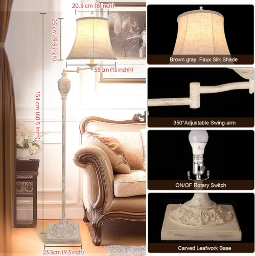 Miniatura 2 de Lámpara de pie LED tradicional con brazo oscilante ajustable de 350°, lámpara de poste vintage con brazo oscilante para sala de estar, dormitorio