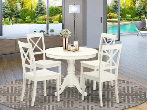 Miniatura 2 de East West Furniture ANBO5-LWH-W - Juego de comedor antiguo de 5 piezas para 4 personas, incluye una mesa de cocina redonda con pedestal y 4 sillas