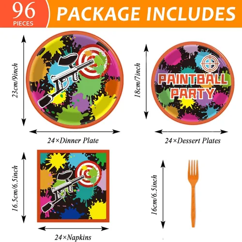 Miniatura 2 de 96 piezas de suministros para fiesta de cumpleaños de paintball, juego de vajilla de neón brillante, platos de papel, servilletas, suministros