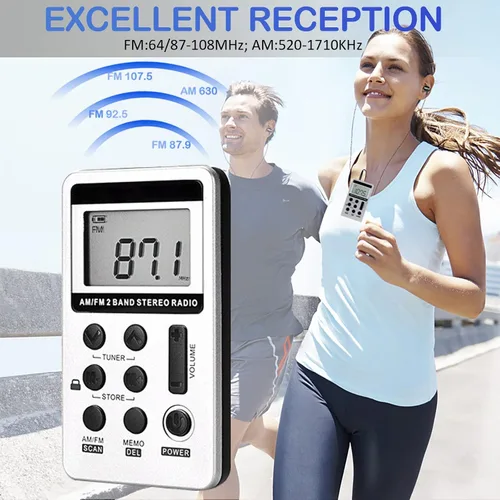 Miniatura 2 de Radio AM FM portátil con pantalla LCD de sintonización digital, radio de bolsillo recargable SWDSTP con auriculares estéreo y clip de cinturón