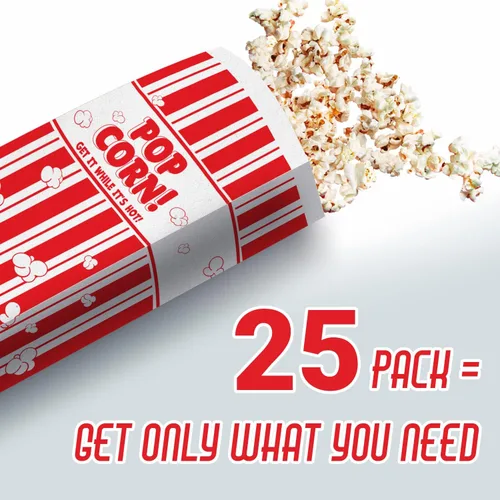 Miniatura 4 de Bolsas de palomitas de maíz Retro, resistentes a la grasa, paquete de 25. Fundas de papel de 1 onza de una sola porción en nostálgico rojo/blanco