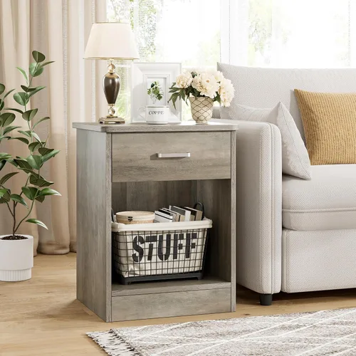 Miniatura 5 de FOTOSOK - Mesita de noche, mesa auxiliar de 2 niveles con cajón y estante de almacenamiento, mesa de noche, mesa auxiliar moderna para dormitorio