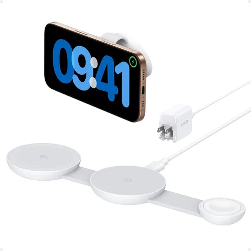Anker MagSafe Compatible MagGo UFO 3 en 1 Cargador, Estación de Carga Inalámbrica para iPhone 17, Certificado Qi2 de 15W, Almohadilla de Carga