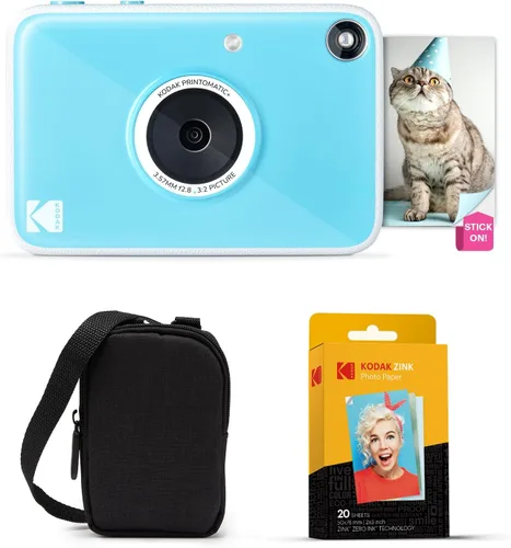 Kodak Printomatic+ Paquete de inicio de cámara digital de impresión instantánea + funda de transporte + papel fotográfico Zink con parte trasera Azul