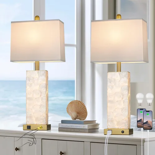Miniatura 11 de Lámparas de mesa costeras de 28 pulgadas para sala de estar, lámparas de noche con luz nocturna, puertos USB A+C, moderna concha de mar