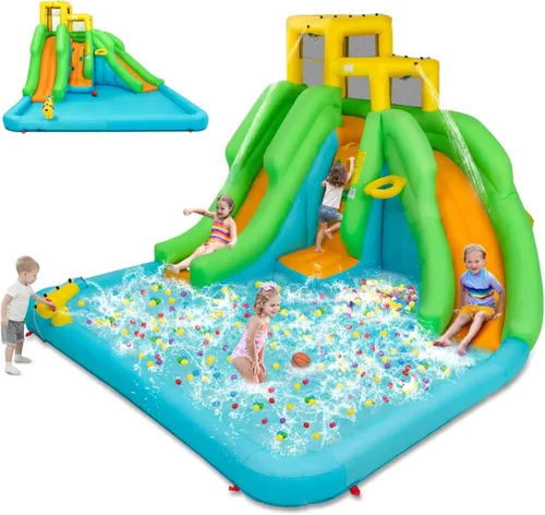 HONEY JOY - Tobogán acuático inflable, parque acuático inflable 6 en 1 con muro para escalar y 2 toboganes largos, piscina, castillo inflable de