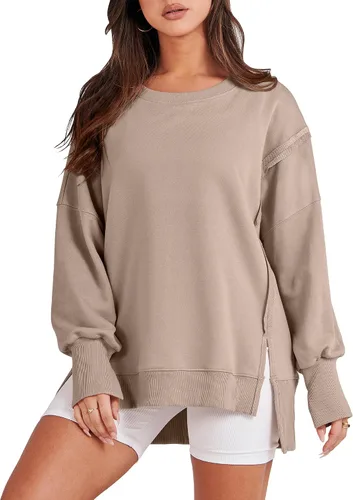 Miniatura 19 de ANRABESS Sudaderas de gran tamaño para mujer, con cuello redondo, manga larga, casuales y holgadas, con aberturas, ropa de otoño 2025
