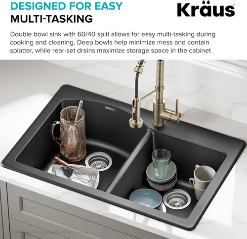 Miniatura 7 de Kraus Forteza - Fregadero de cocina de doble seno 50/50 de granito de instalación empotrada/sobre encimera, 33 pulgadas, color negro (KGD-52BLACK)