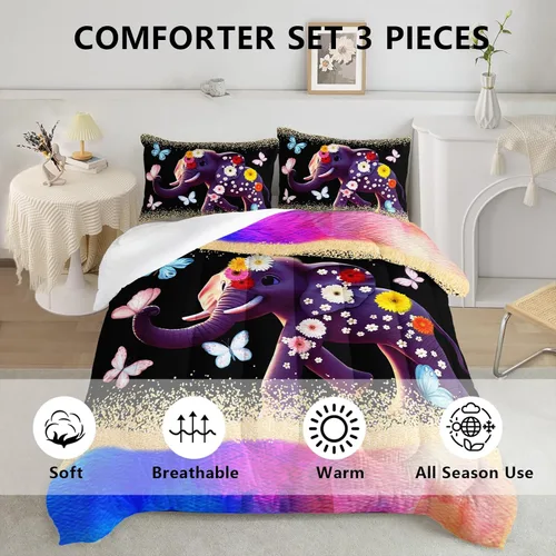 Miniatura 3 de Axolotl Juego de ropa de cama de elefante 3D, tamaño matrimonial, bonito juego de edredón de mariposa voladora, margarita, purpurina degradada