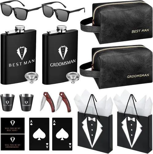 20 piezas de regalos para padrinos de novio, caja de propuesta con matracas, gafas de sol, bolsa de aseo de cuero PU, abridor de botellas para