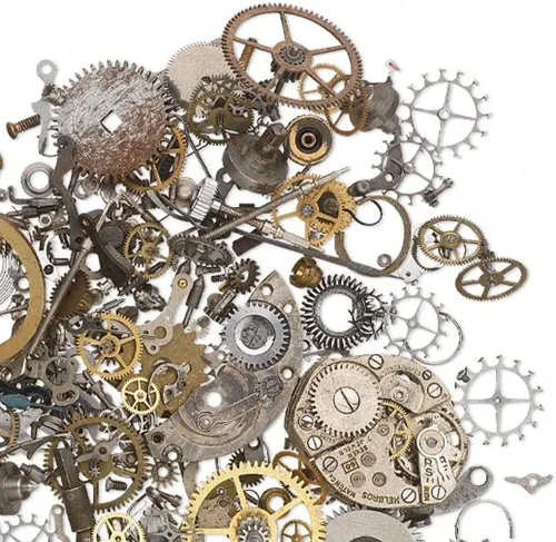 Piezas y piezas de reloj Steampunk – 1 onza – más de 250 piezas de pequeños engranajes vintage, ruedas, manos, coronas, dientes y tallos para joyas