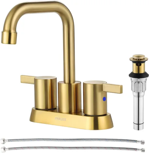 PARLOS Grifo de baño de oro cepillado de 2 manijas para lavabo con desagüe de fregadero emergente y líneas de suministro de grifo, 1431608