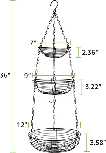 Miniatura 4 de HULISEN Cesta de frutas colgante de 3 niveles con gancho para plátano, cestas colgantes de alambre resistentes de 36 pulgadas para almacenamiento