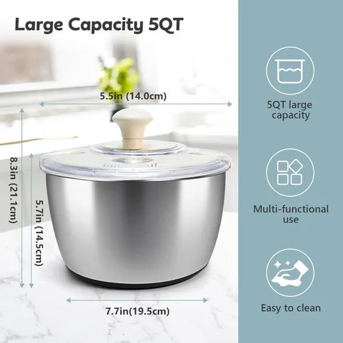 Miniatura 2 de Escurridor de ensalada de acero inoxidable, secadora manual de lechuga con tapa, lavabo, marco de drenaje y base antideslizante, centrifugador