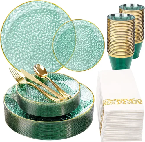 Miniatura 12 de DaYammi Juego de vajilla de plástico dorado transparente de 175 piezas, platos de plástico desechables martillados desechables para fiestas