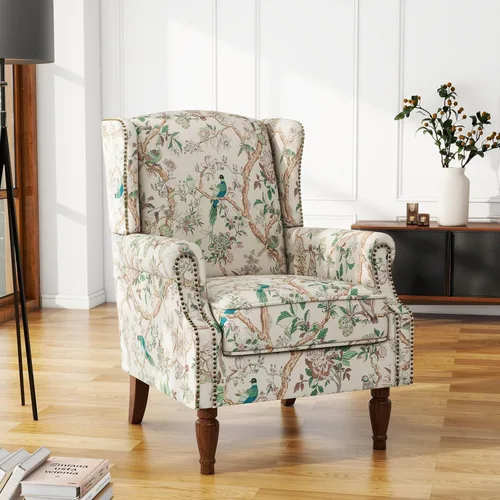 Miniatura 44 de Silla de Acento de Respaldo Alto, Sillón Tapizado en Tela para Sala de Estar, Sillón Wingback con Estampado Floral con Patas de Madera Maciza, Sofá