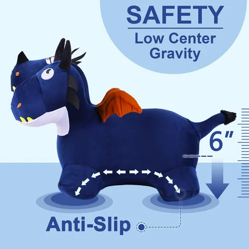 Miniatura 5 de iPlay, iLearn juguetes de animales saltarines para niños pequeños, caballo saltarín de felpa azul, dragón inflable para montar con bomba, saltarín
