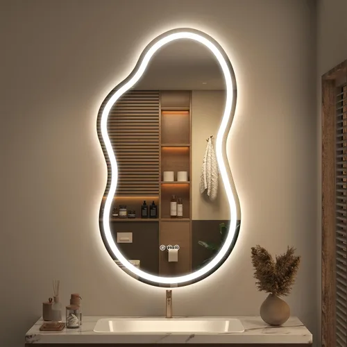 Miniatura 9 de SMIROR Espejo de Baño Retroiluminado Irregular con Luces 20 x 32, Espejo de Tocador con Luz LED Asimétrica en Forma de Nube para Pared