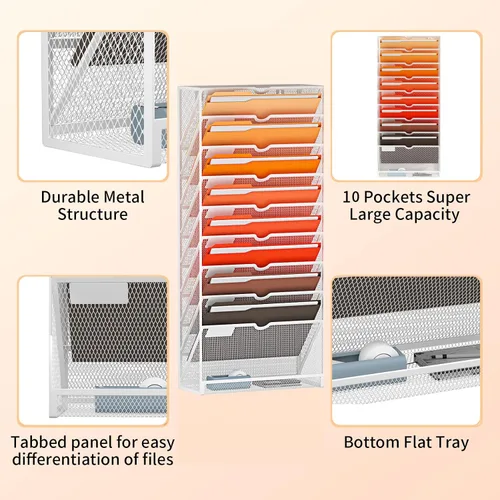 Miniatura 2 de Marbrasse Organizador de archivos de pared colgante de 10 niveles, soporte para archivos de pared para papeles, portapapeles de archivos