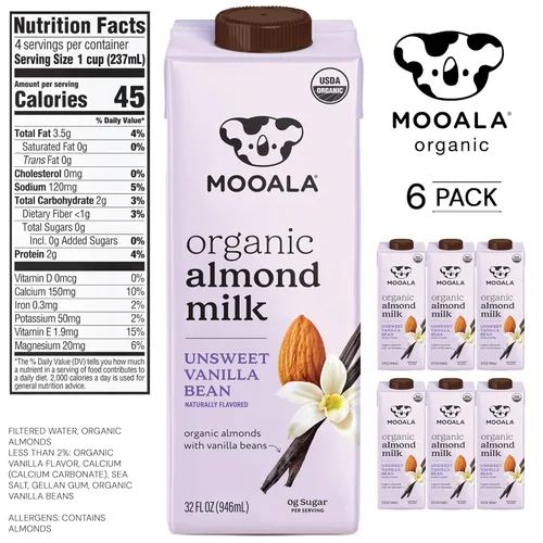 Miniatura 2 de Mooala – Leche de almendras orgánica en grano de vainilla, sin azúcar, 1 litro (paquete de 6) – Bebida estable en estantes, no lácteos, sin gluten