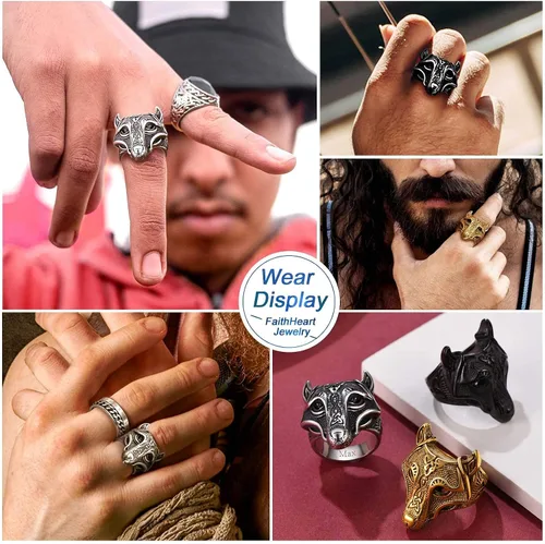 Miniatura 5 de FaithHeart Norse Viking Jewelry - Anillo de acero inoxidable de guerrero para hombre con diseño vikingo de cabeza de lobomartillo de Thor