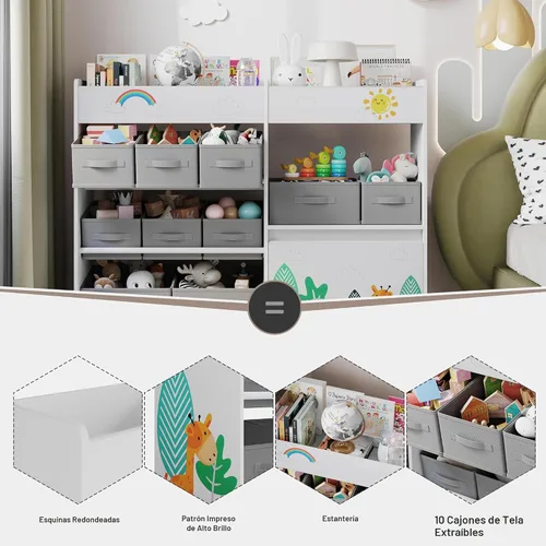 Miniatura 3 de BOTLOG Estantería infantil con contenedores de tela y baúl de juguetes móvil, organizador de almacenamiento de juguetes para niños, estantería