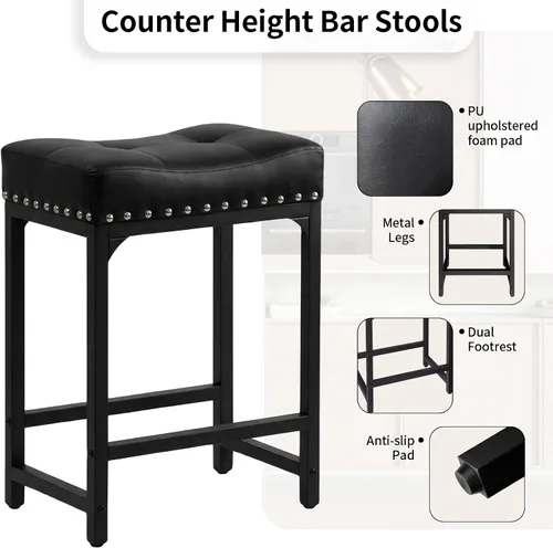 Miniatura 7 de Juego de 2 taburetes de bar de altura de mostrador para isla de cocina, taburetes de bar negros de 24 pulgadas, taburetes de bar sin espalda