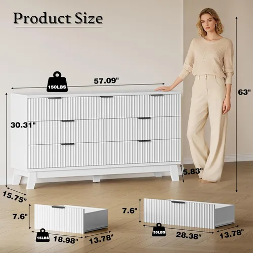 Miniatura 2 de BORNOON Cómoda de 57 pulgadas de largo para dormitorio, baúl acanalado de 7 cajones, cómoda ancha de almacenamiento de madera con rieles y asas