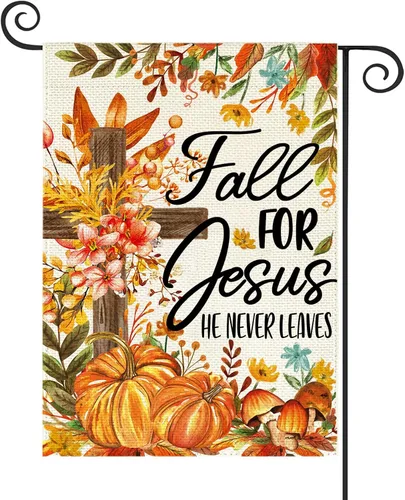 Miniatura 15 de Baccessor Bandera de otoño de 28 x 40 pulgadas, árbol cardenal de otoño para Jesús que nunca deja bandera vertical de doble cara, calabaza cosecha