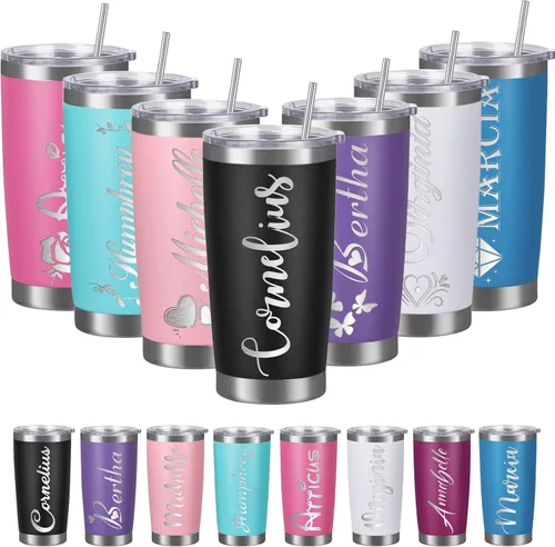 Vasos personalizados con nombres, tapas y pajitas, tazas de viaje grabadas con láser personalizadas de 20 onzas, vasos aislados personalizados,