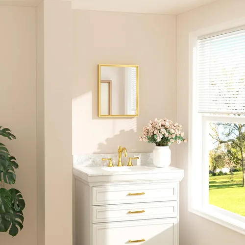 Miniatura 10 de TETOTE Espejo de Baño Dorado de 16" x 20" Latón Dorado Cepillado Rectangular con Marco Biselado Espejo de Tocador de Baño para Sobre el Lavabo