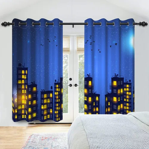 Miniatura 3 de Cortinas de superhéroe de 42 x 84 pulgadas, diseño de dibujos animados, cómic, edificios de ciudad, edificios, 2 paneles de oscurecimiento