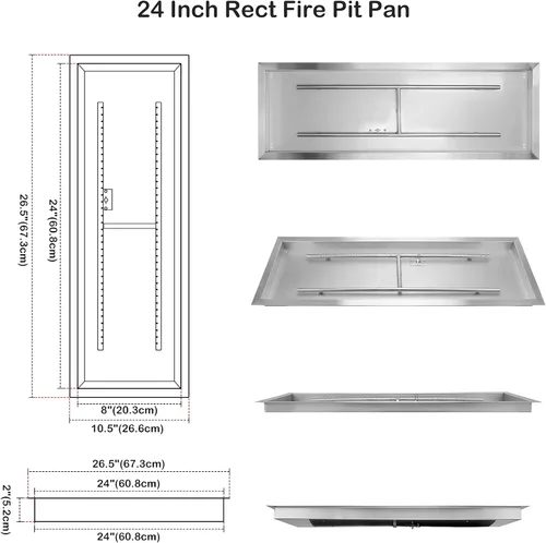 Miniatura 2 de Stanbroil Bandeja Rectangular de Fogata Empotrable de 24 x 8 Pulgadas con Quemador en H, Inserto de Fogata de Gas para Mesa de Fuego DIY, 304 SS