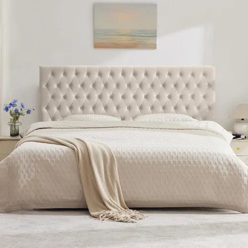 Miniatura 9 de Kingfun Cabeceras con diseño moderno de botones, cabecera de cama tapizada y acolchada de tela de lino premium, cabecera de madera maciza ajustable