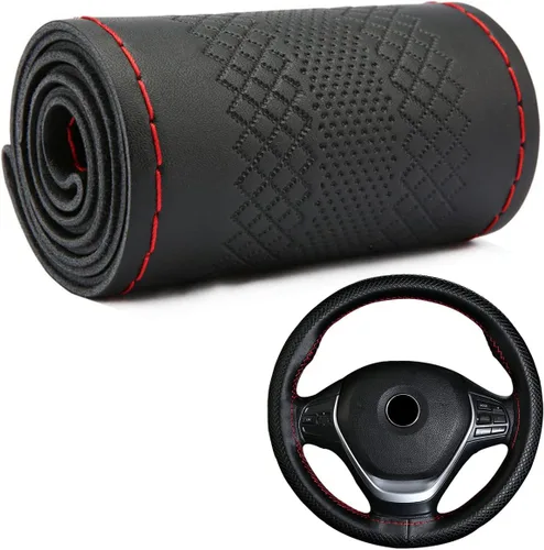 Miniatura 10 de Funda para volante de automóvil, ajuste universal, punto redondo, funda fina de piel sintética cosida en volante de automóvil de 15 pulgadas (negro)