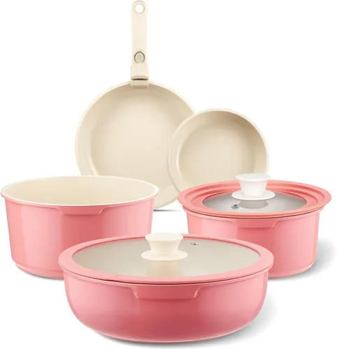 IKTU Juego de ollas y sartenes de cerámica antiadherente rosa, 19 piezas juego de utensilios de cocina antiadherente con mango desmontable RV