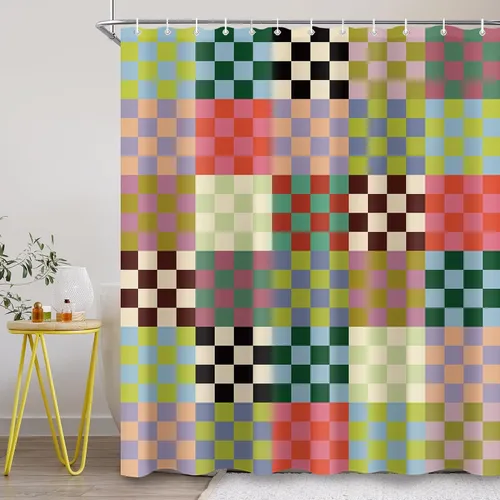 Juego de cortinas de ducha a cuadros retro coloridos para baño, 60 pulgadas de ancho x 72 pulgadas de alto, multicolor tablero de ajedrez, estética,