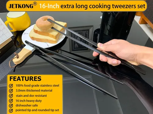 Miniatura 3 de JETKONG 2 Piezas Pinzas de Servir Resistentes de 16 Pulgadas, Pinzas Finas de Cocina Extra Largas Pinzas de Precisión para Cocina Grandes de Acero