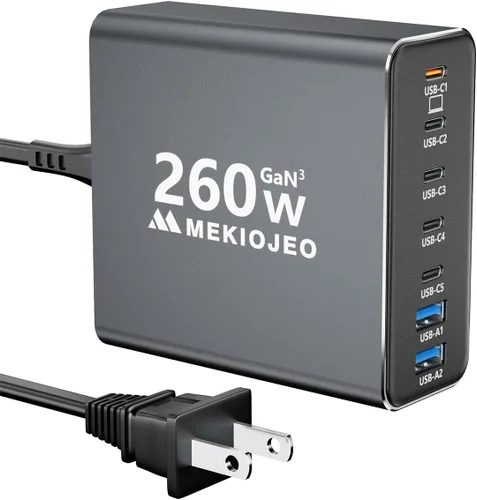 Miniatura 7 de Cargador USB C de aleación de aluminio 260 W GaN estación de carga rápida USB C 7 puertos 65 W cargador portátil para MacBook Pro/Air/iPad