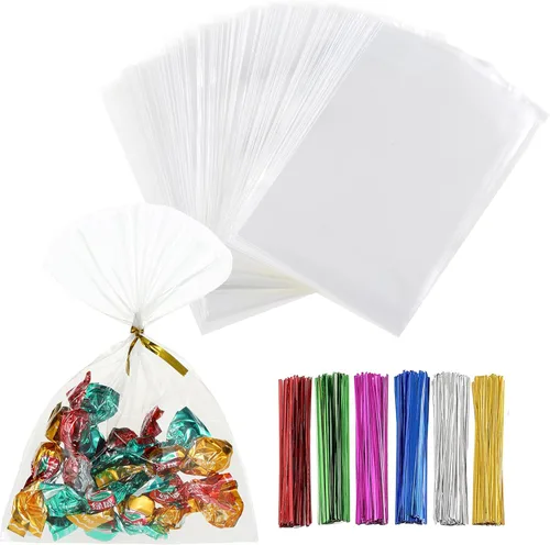 Miniatura 14 de 200 bolsas de celofán planas de celofán de 7 x 12 pulgadas con lazos torcidos de 6 colores, embalaje de galletas, dulces, postres de regalo, bolsas