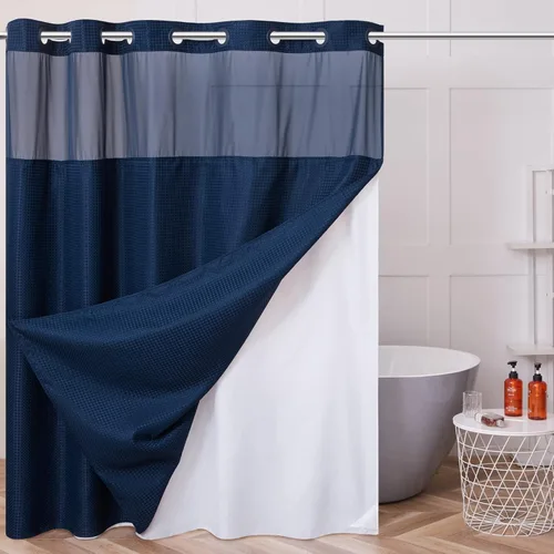 Miniatura 12 de Furlinic - Cortina de ducha para cabina sin ganchos con forro a presión, cortinas de baño de tejido gofre impermeables con ventana superior Beige
