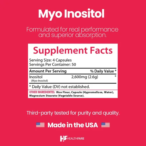 Miniatura 3 de Healthfare Myo - Suplemento de inositol, 2600 mg 200 cápsulas vegetales Ultra fuerte Apoyo ovárico saludable para mujeres Vitamina B8